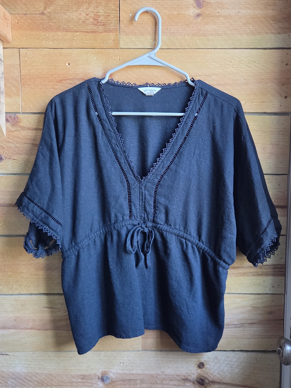 Lucky Brand Black V-Neck Crochet-Trim Blouse